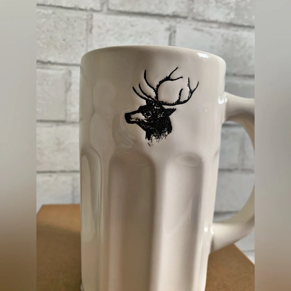 Rae Dunn White Ceramic Stag Engraved Beer Stein Antler Handle